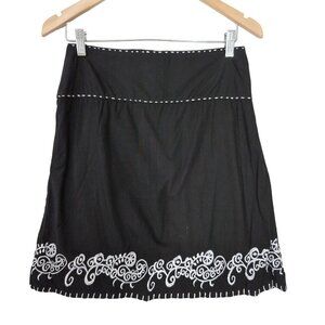 Prana A-Line Skirt Womens 2 Black White Embroidered Side Zip Cotton Casual‎